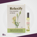 Relaxify essential oil bottle and box with dried herbs on a green and beige background