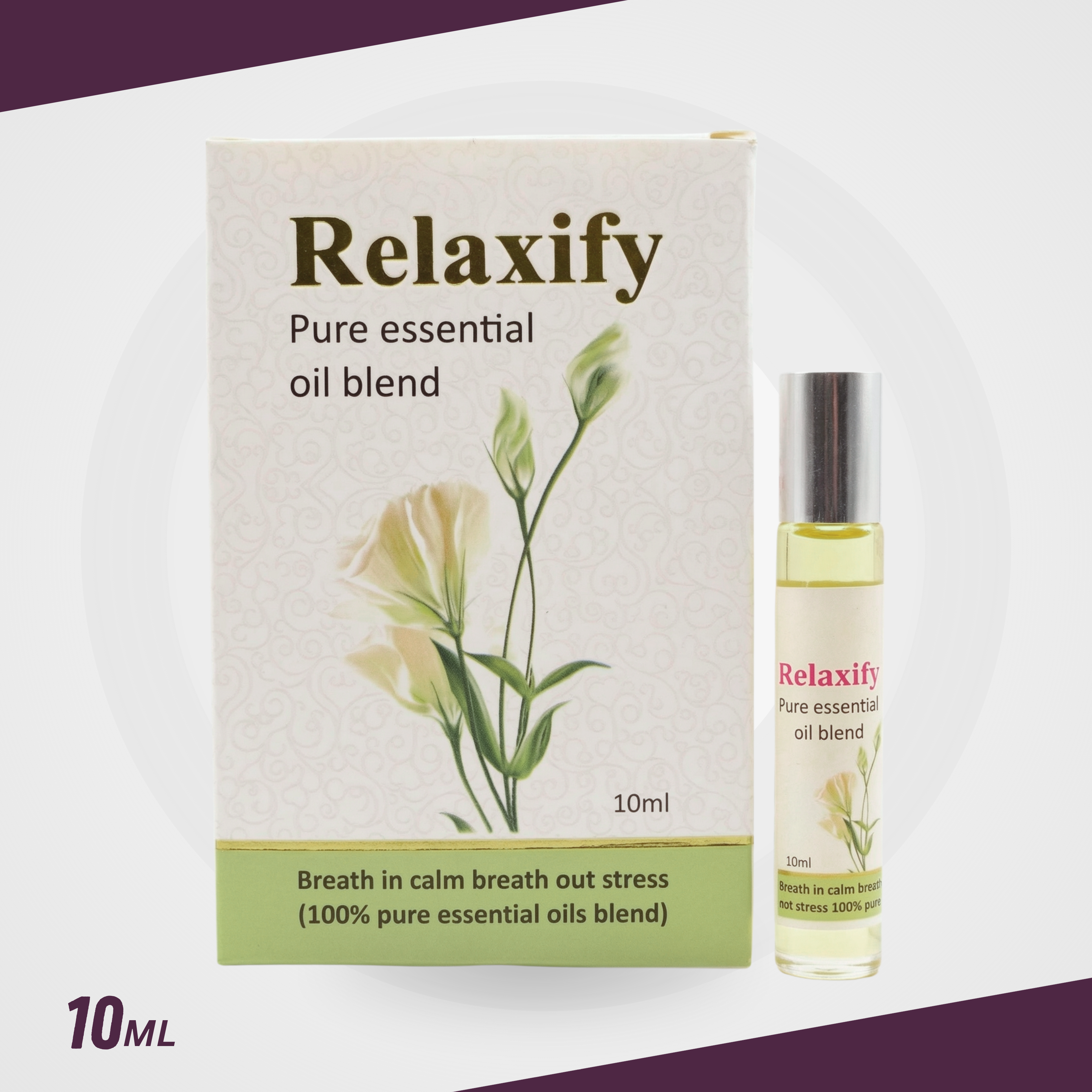 Relaxify essential oil bottle and box with dried herbs on a green and beige background