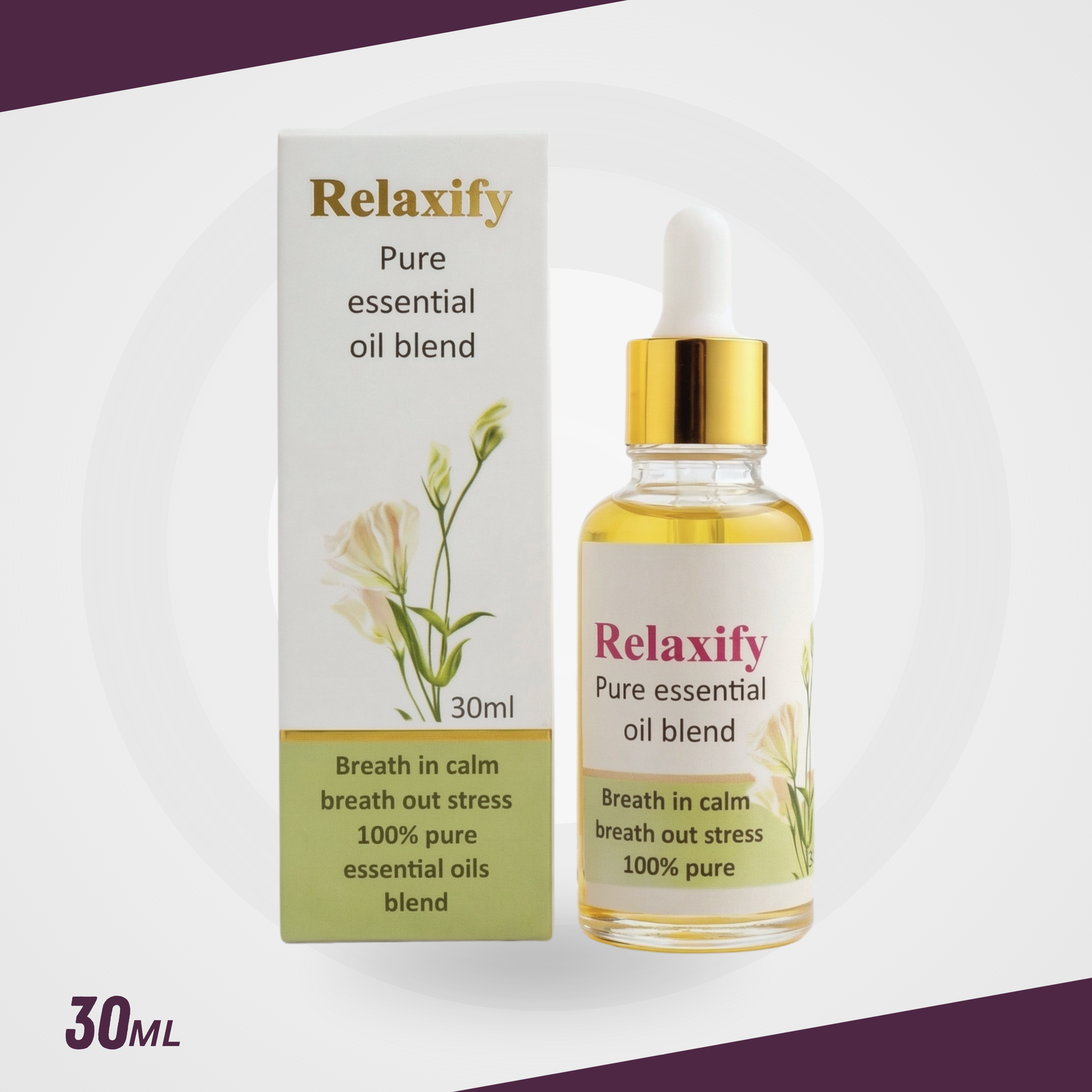 Relaxify essential oil bottle and packaging on a green and beige background with dried herbs and flowers.