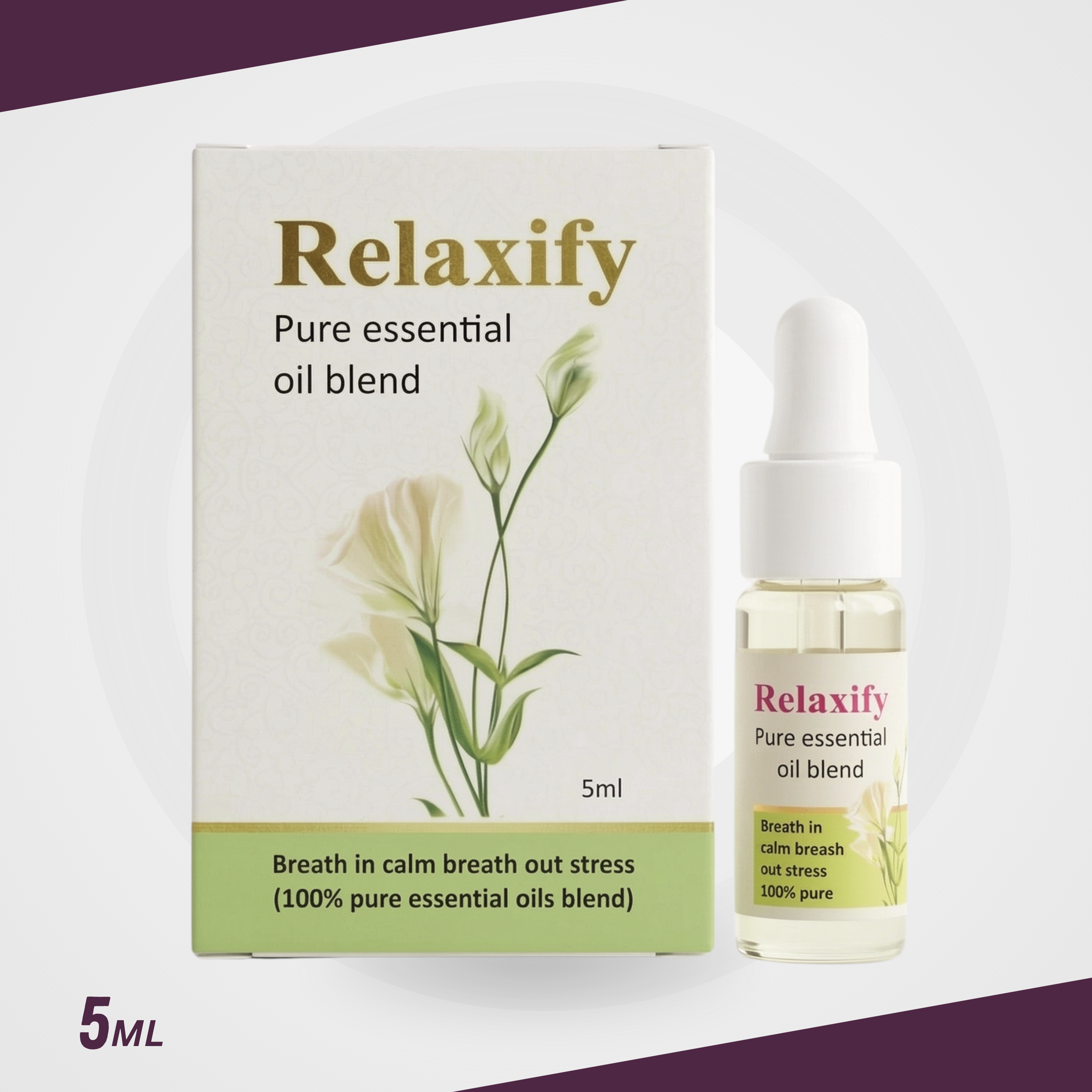 Relaxify essential oil blend bottle and box on a green and beige background with dried flowers.
