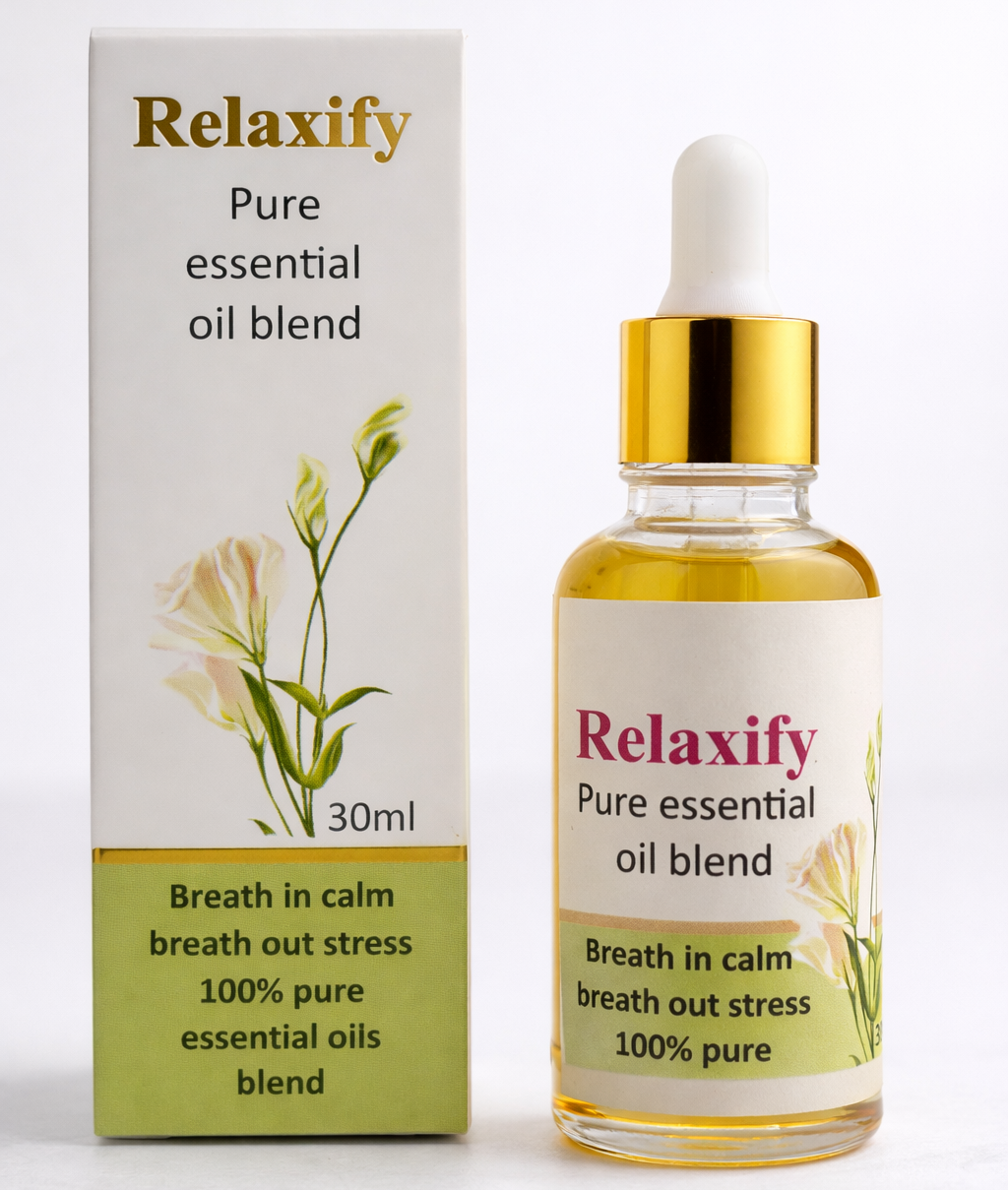 Relaxify pure essential oil blend bottle and packaging on a white background