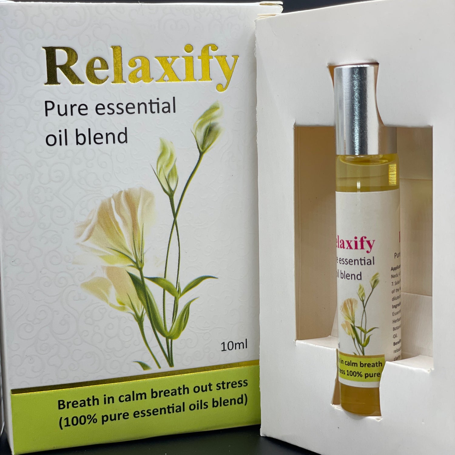 Relaxify pure essential oil blend with dropper on a white background